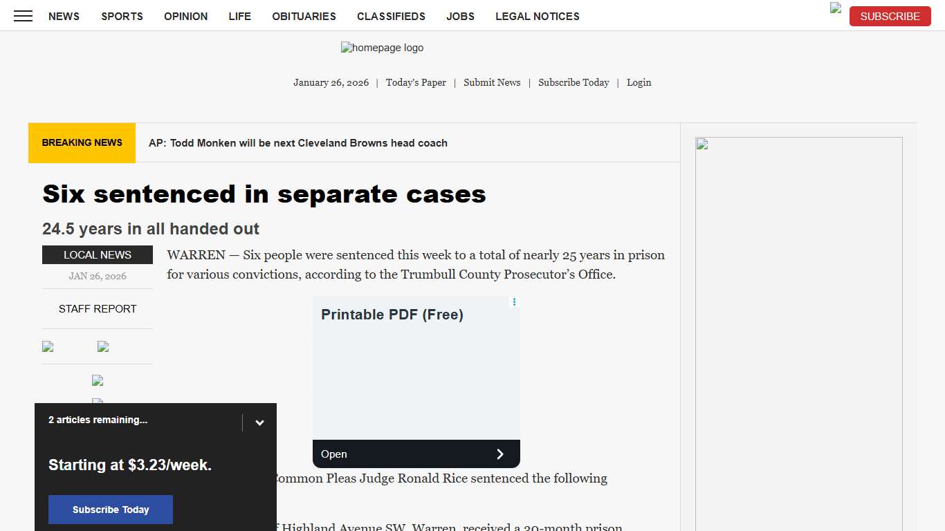 Six sentenced in separate cases News, Sports, Jobs - Tribune Chronicle