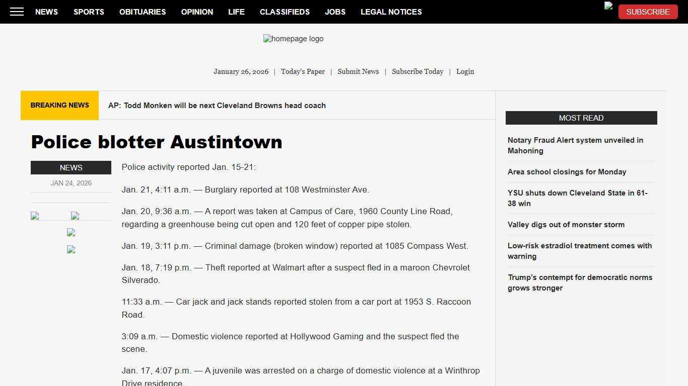 Police blotter Austintown News, Sports, Jobs - The Vindicator